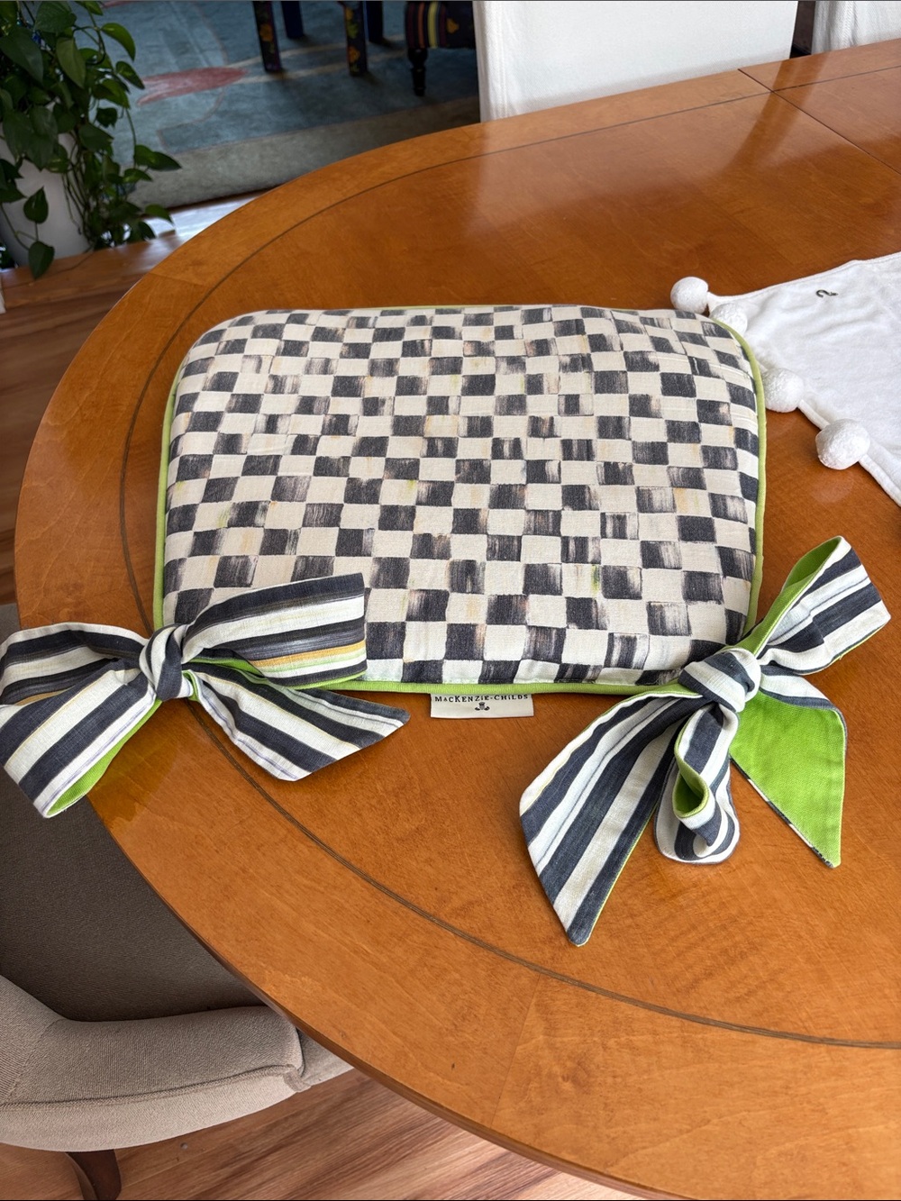 Mackenzie-Childs Kids Checkerboard Seat Cushion in Black, Cream & Green